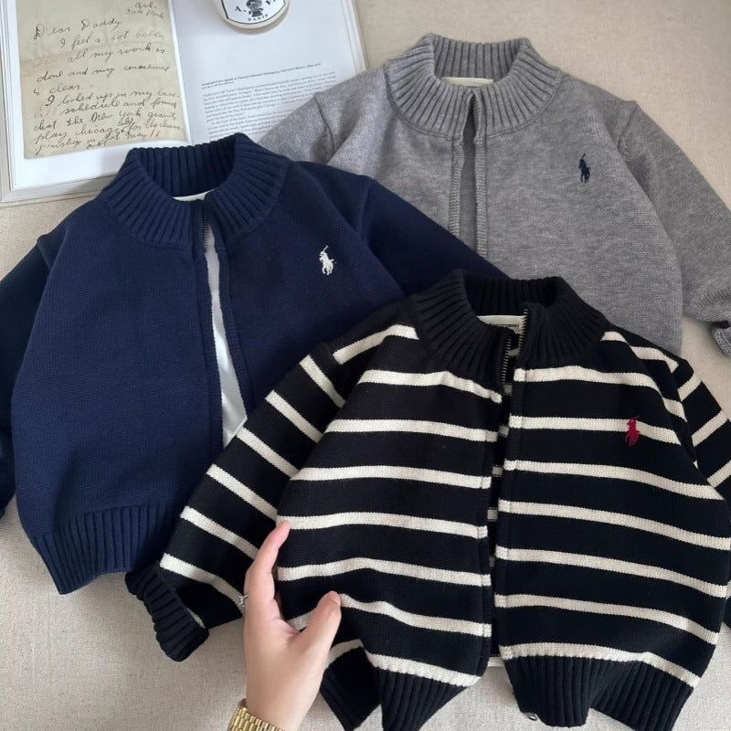 Boys’ Autumn 2025 Striped Cardigan Sweater for Kids