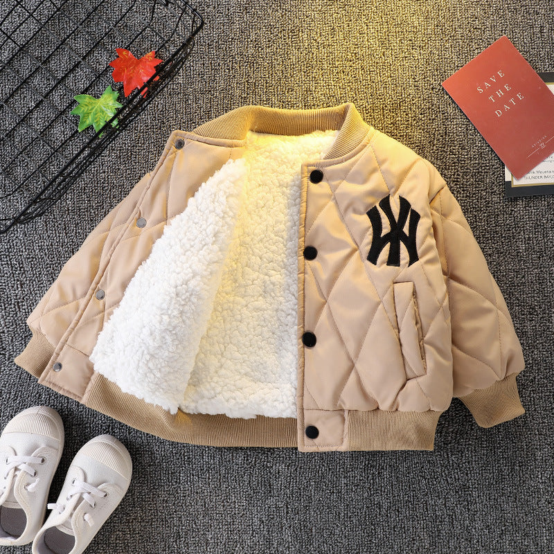 Boys’ Winter Velvet Jacket – Thick Cotton Baseball Coat